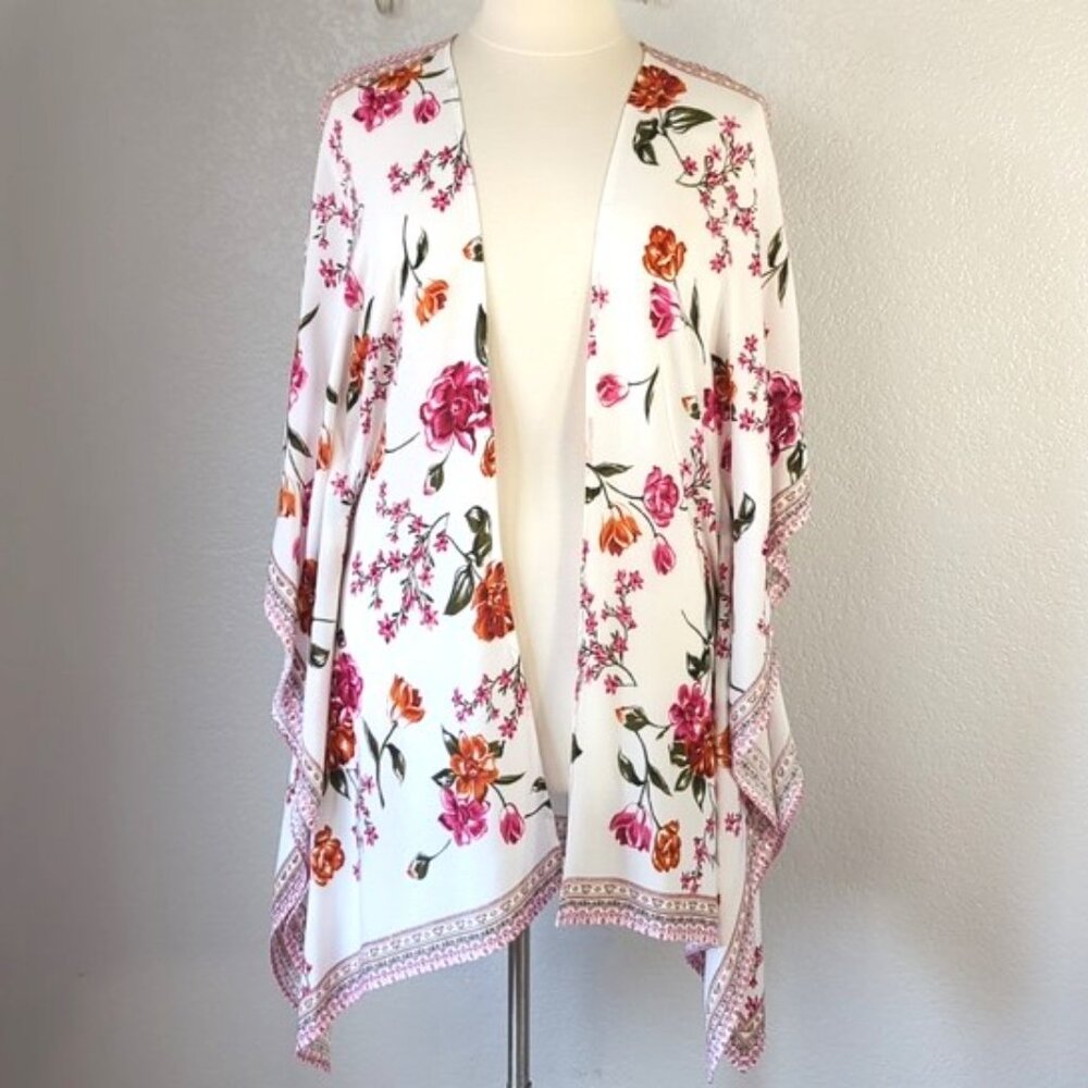 Japna One Size Kimono Cover Up Duster White Pink Red Florals